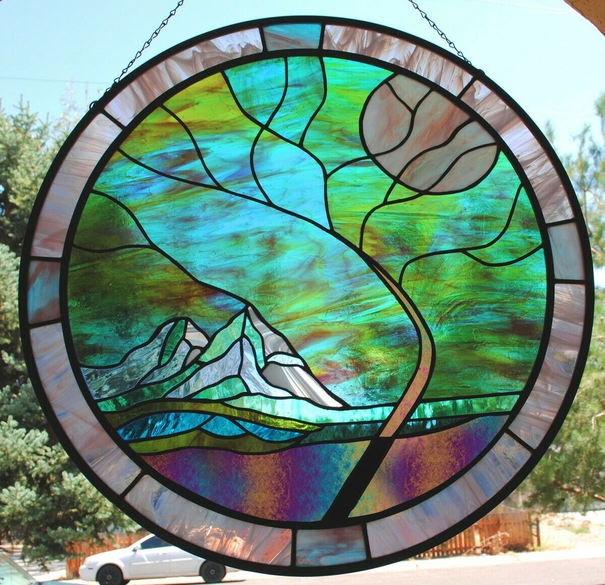 Stained Glass Window Mountain Round Stormy Tree Blue Green Gold Black ...