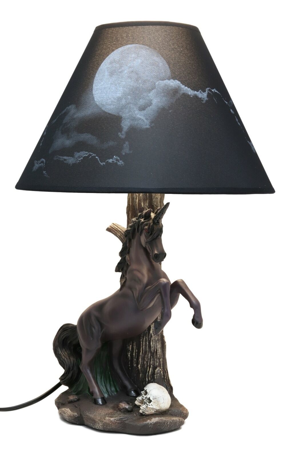 Eclipse Rearing Macabre Black Unicorn Desktop Table Lamp with Full Moon Shade