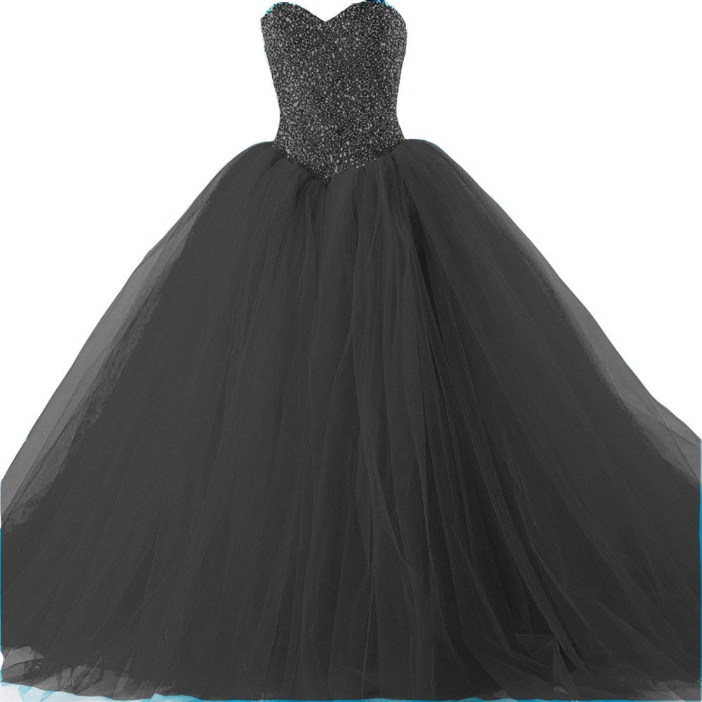 Kivary Formal Tulle Heavy Beaded Ball Gown Long Prom Dresses Quinceanera Black U