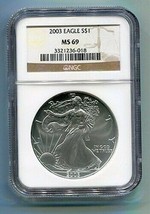 2003 AMERICAN SILVER EAGLE NGC MS69 BROWN LABEL PREMIUM QUALITY NICE COI... - $51.95