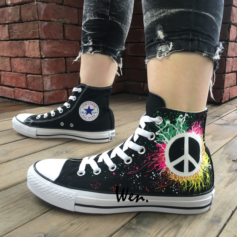 Design Peace Sign Black Converse Shoes  High Top Hand Painted Canvas Sneakers