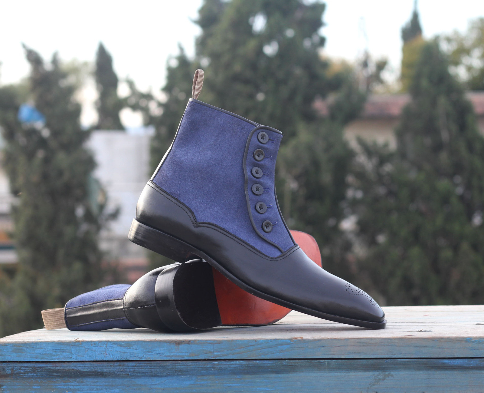 Elegant Handmade Men Black Blue Brogue Toe Boots, Men Leather Suede Button Boots