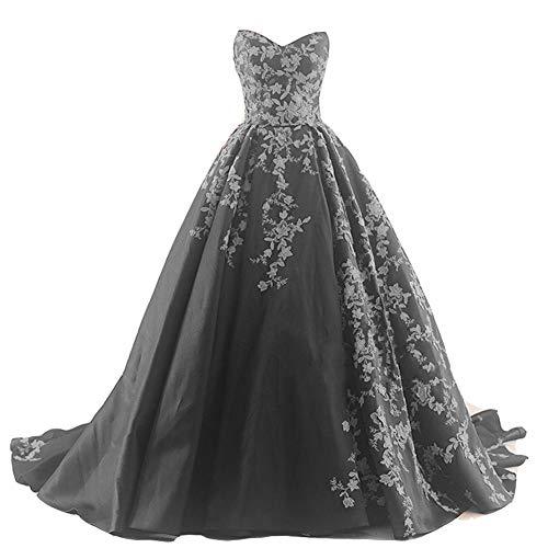 Kivary Gothic Black Satin and Gray Lace V Neck A Line Long Prom Wedding Dresses