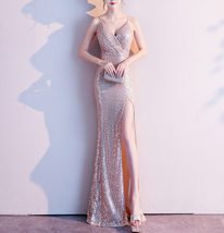 Sleeveless Sexy Sequin Dress V Neck High Slit Sequin Maxi Dress Gown Pink Gold image 4