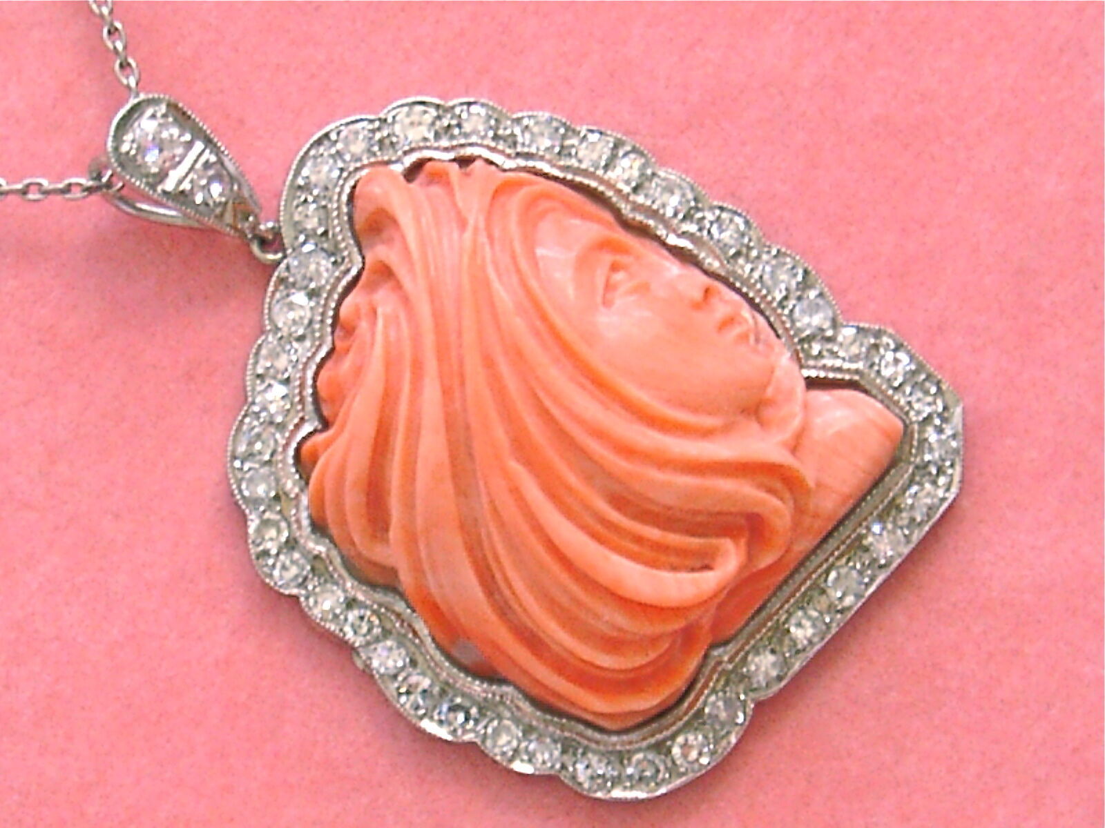 Primary image for ANTIQUE ANGEL SKIN CORAL GODDESS PROFILE 1.5ct DIAMOND PENDANT NECKLACE 1930