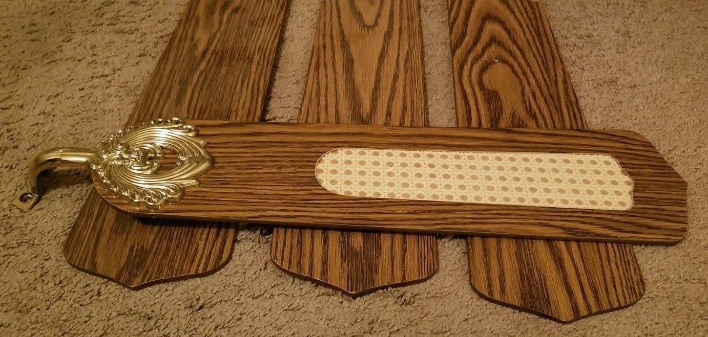 4 Vintage Replacement Wicker Inset Ceiling Fan Blades & Fancy Brass