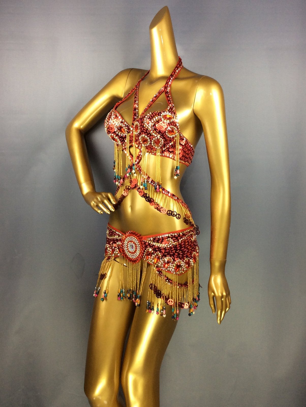 FREE SHIPPING Hand Beaded Belly Dance Samba Costume Gold bra belt neck 3pcs TF14