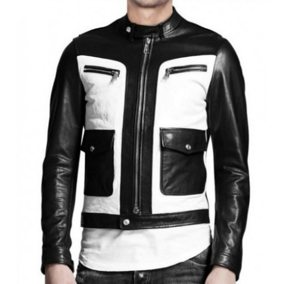 NEW HANDMADE BLACK LEATHER JACKET WITH WHITE STRIPS Outerwear