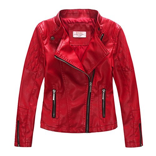 LJYH Girls'Faux Leather Quilted Shoulder Motorcycle Jacket Red - Outerwear