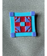 Hand Made Turquoise Periwinkle Cranberry Art Glass Pieced Quilt Block Br... - $16.69