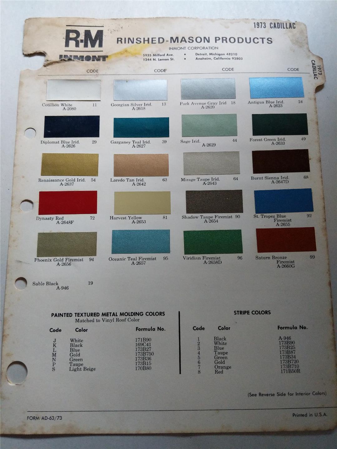 1973 CADILLAC Original RM RINSHED-MASON Automotive Paint Color Chart ...