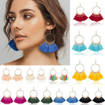 Turquoise Tassel Earrings Fringe & Gold Plated Hoop urban boho celebrity trend - $8.82