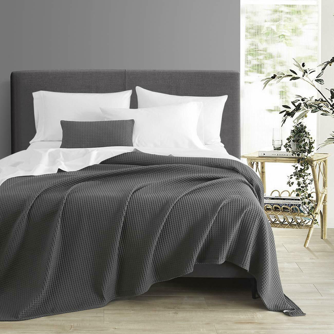 Knit Queen Blanket Waffle 90" x 90" Dark Gray Soft 100 Cotton Bedding