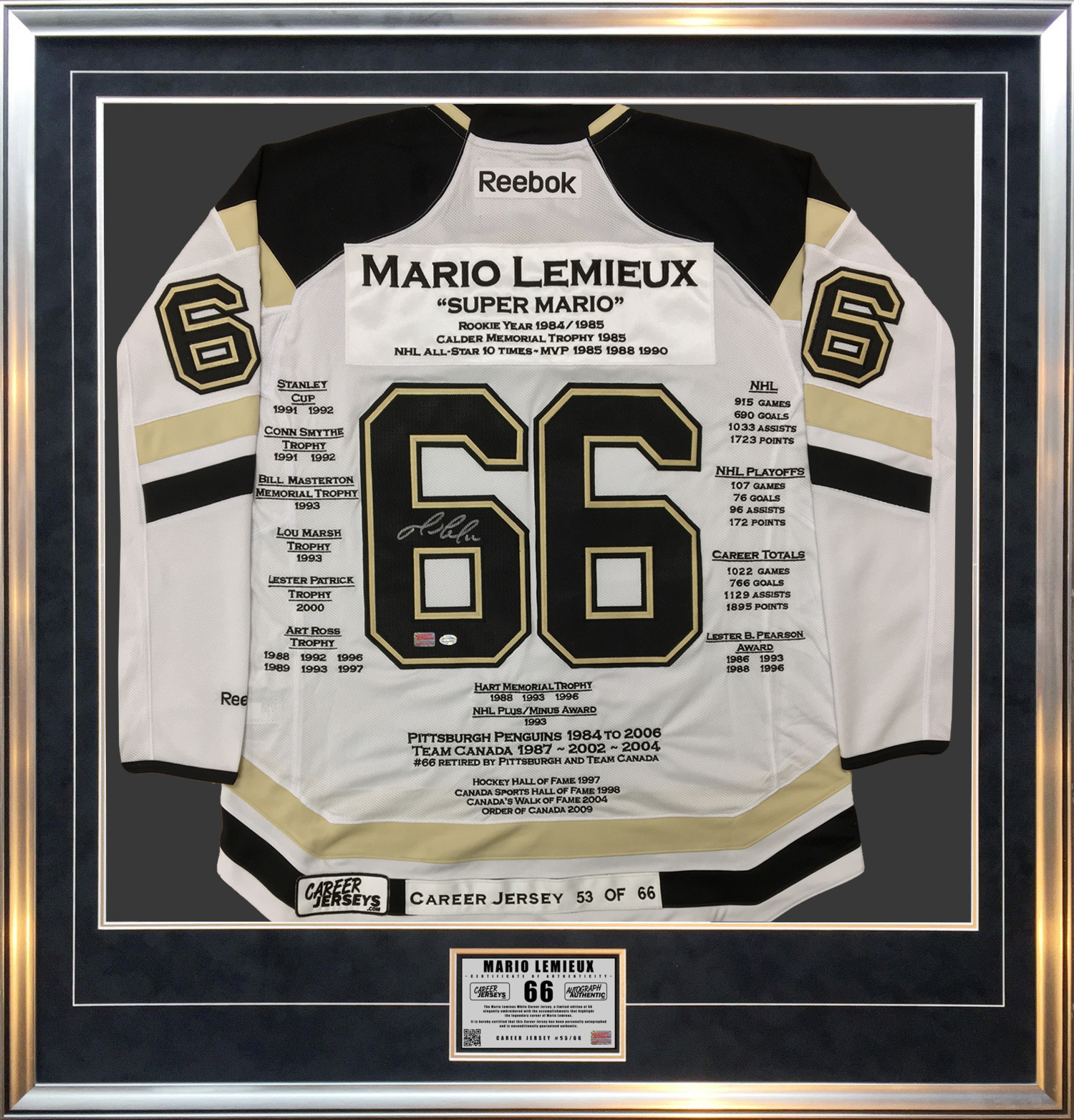 Mario Lemieux Framed White Career Jersey Signed Ltd Ed 66, Pittsburgh