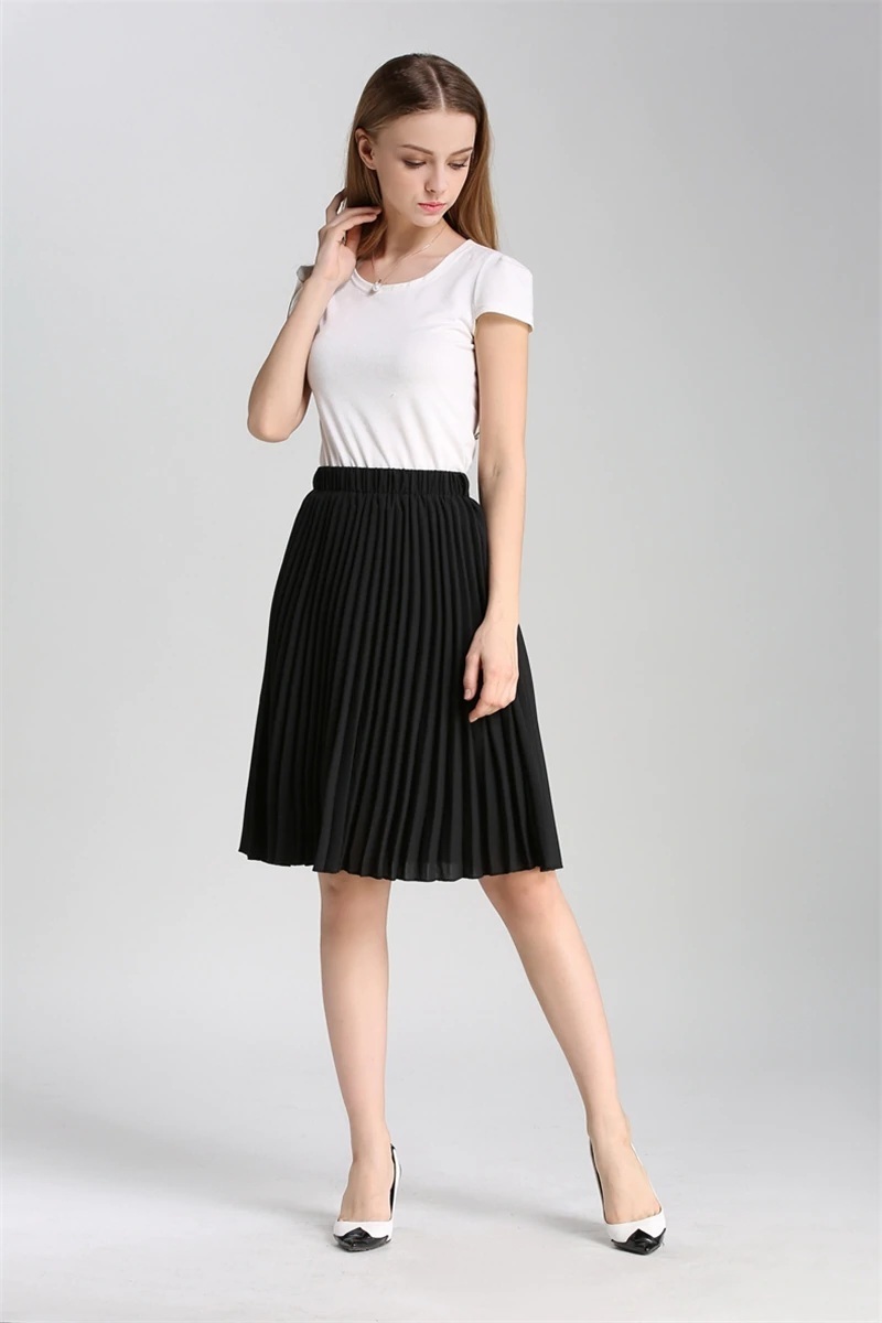 Black knee length high elastic waist pleated women skirt casual spring ...