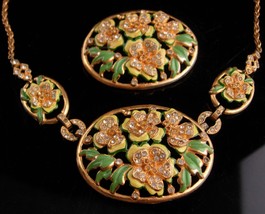 Vintage enamel necklace set - flower brooch - demi Parure - hand painted... - $125.00