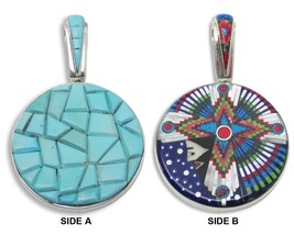 Native American Zuni Multi Stone Inlay 2 Sided Round Pendant, #45 - $219.95