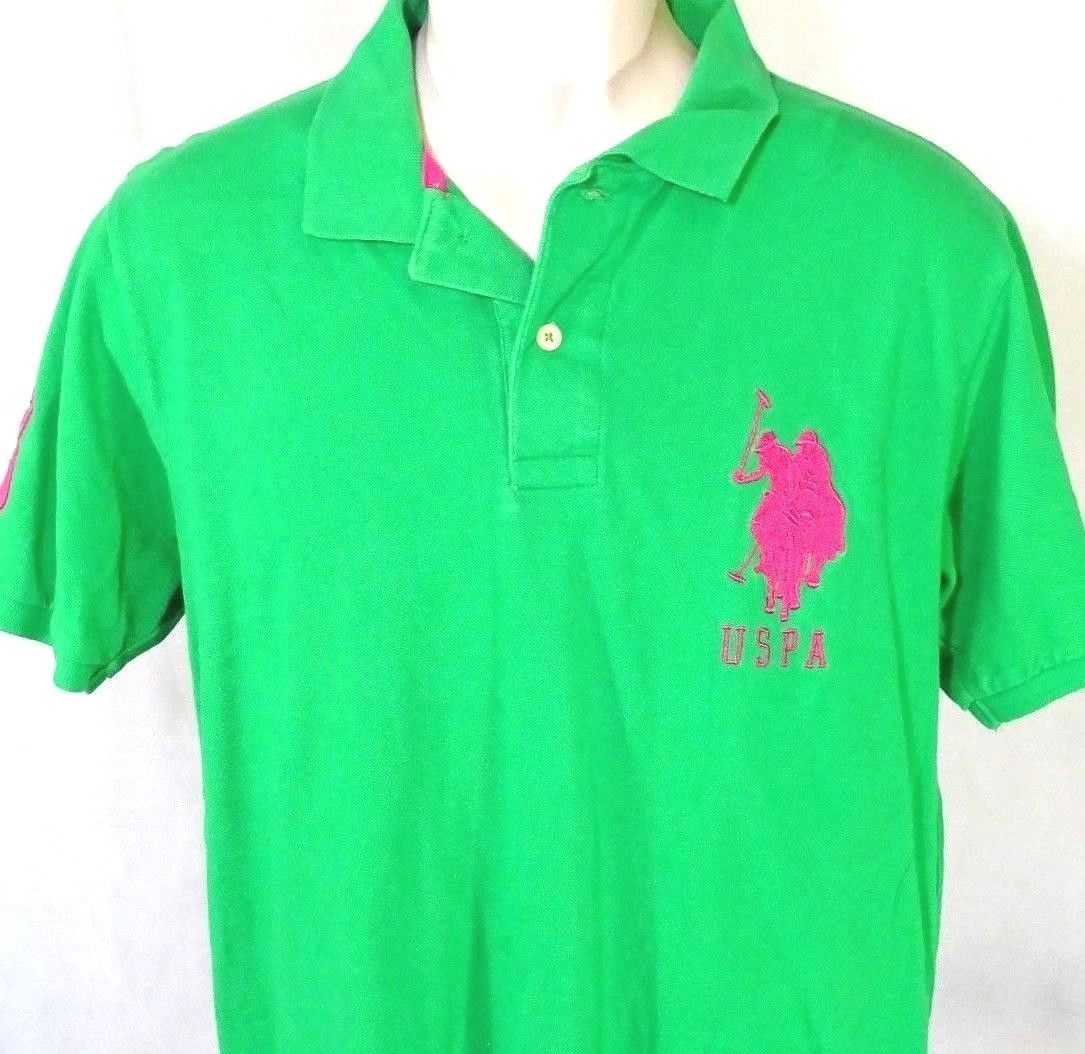 US Polo Assn USPA Pique Polo Shirt Men Size L Green Pink Big Logo ...