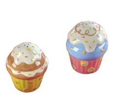 Cupcake Design Salt and Pepper Shaker Set Ceramic 3" High Pink Blue Pastel Color image 1