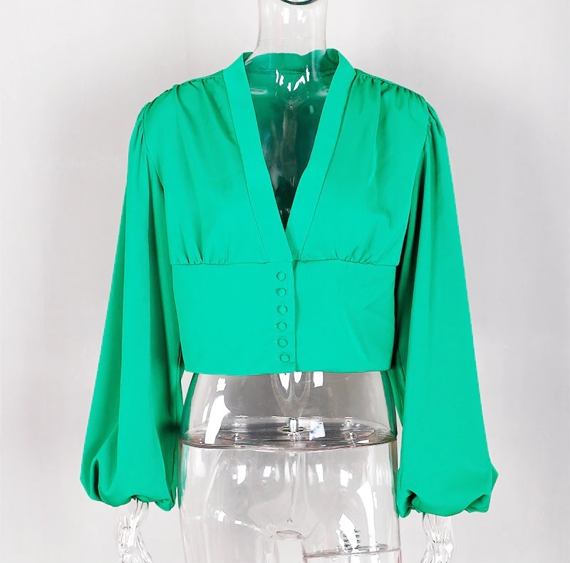 New green sexy V neck long sleeve button down elegant women blouse feminine top