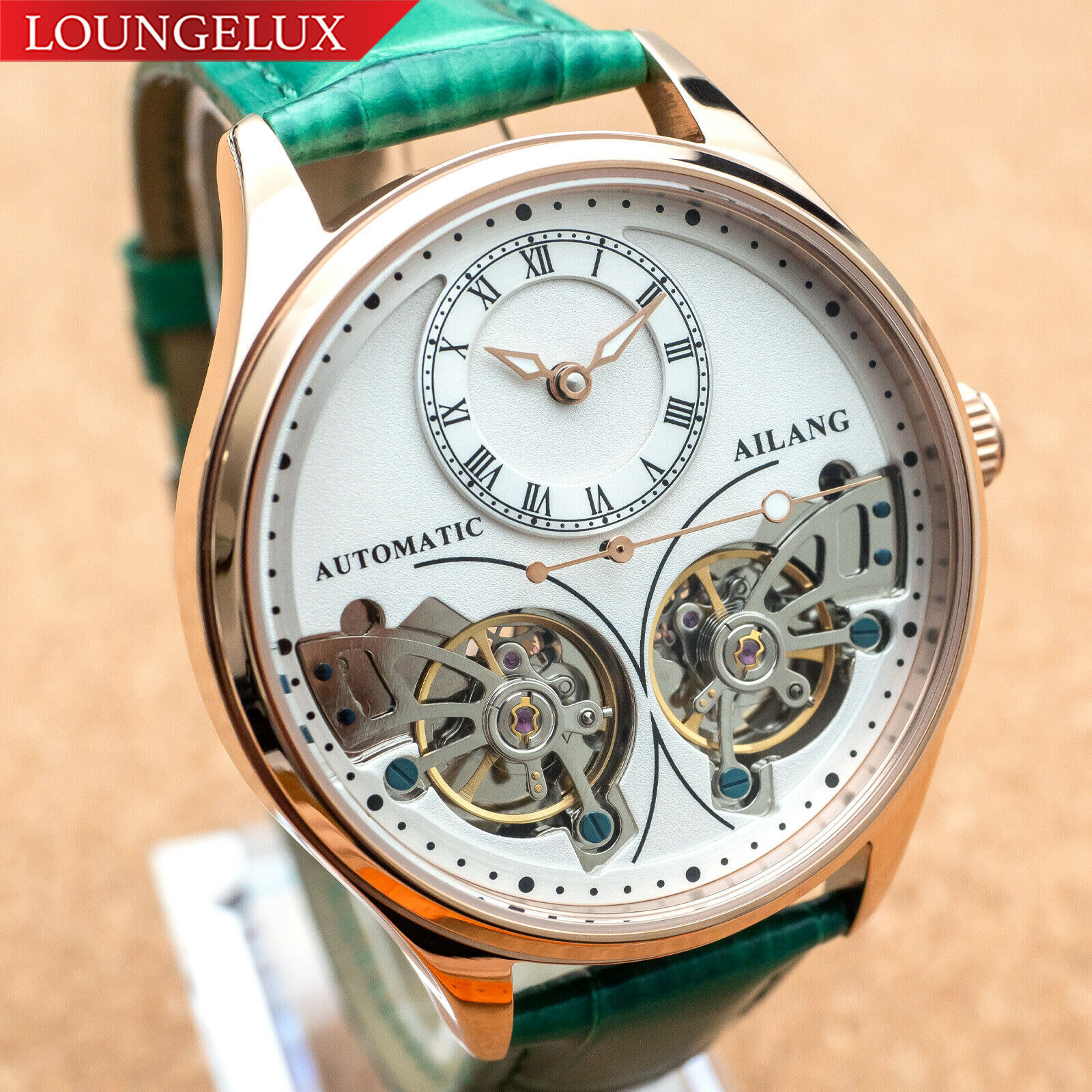 Mens Double Flywheel Automatic Mechanical Watch Rose Gold White Green