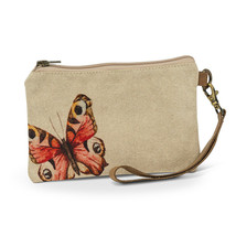 Butterfly Zip Pouch w Leather Carrying Strap Flax Color w Zipper Closure - Lined