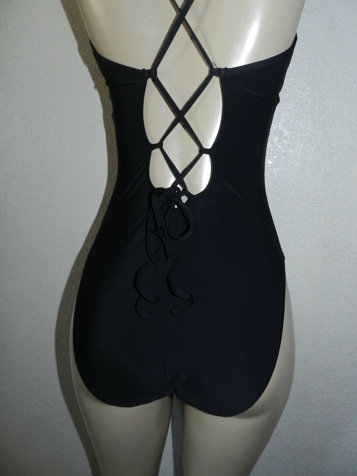 La Blanca Cami Lace Up Back One Piece Swimsuit Bathing Suit SZ 4 Black