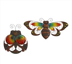 Ladybug & Bee Wall Plaques Large Set of 2 Glass & Iron Copper Color Wings Home