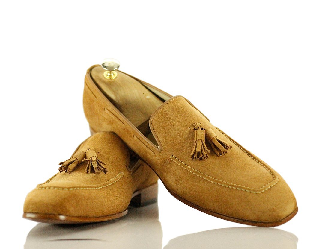 Handmade Men's Beige Suede Tassel Loafer Shoes, Men Dress Formal Fashion Shoes