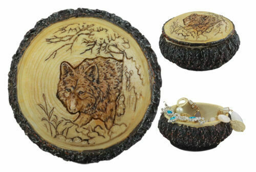 Ebros Rustic Faux Wood Alpha Wolf Jewelry Box Figurine 4 Diameter