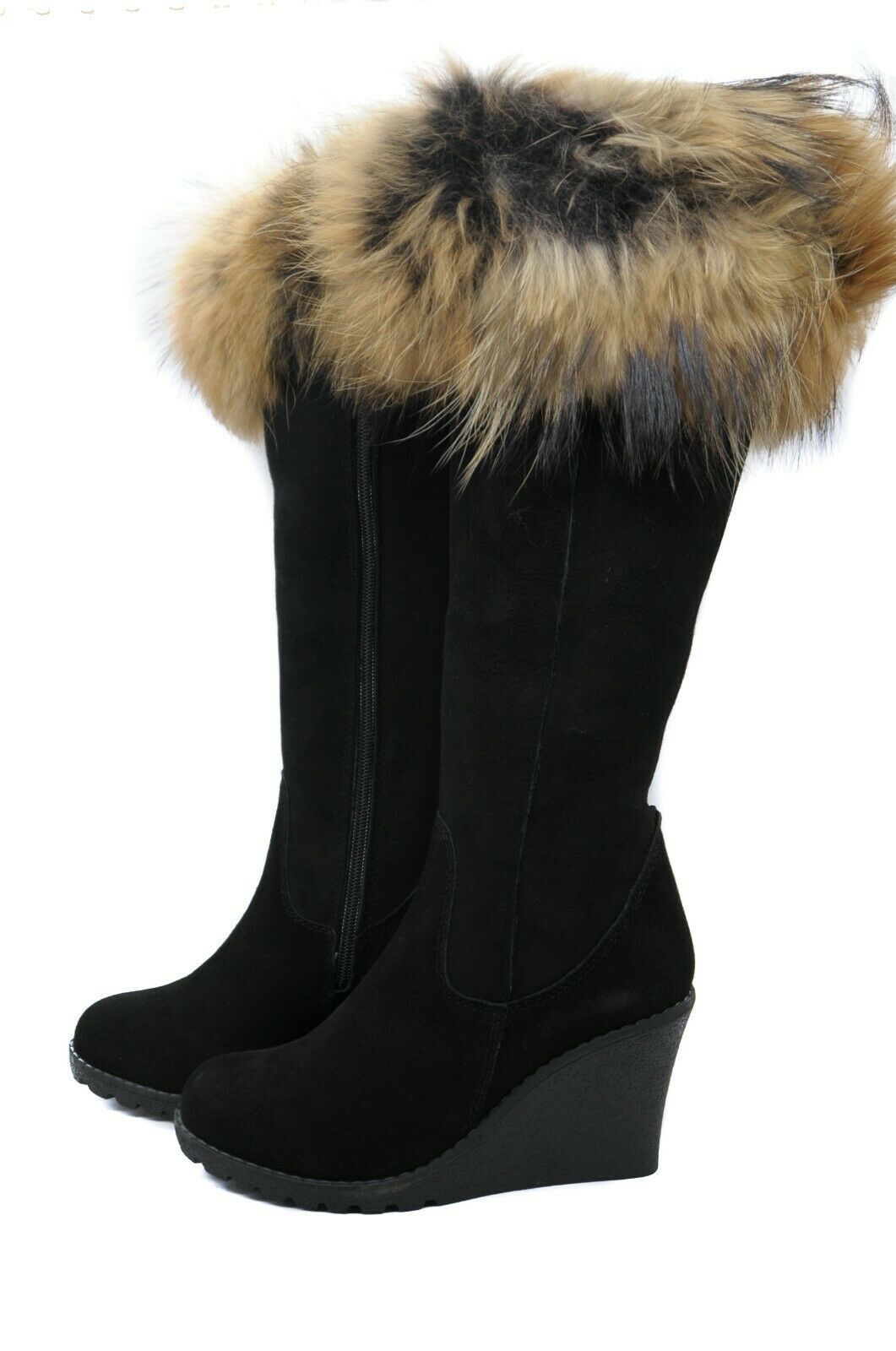 Pegia Suede Black Knee High Boots Fully Lined with a Soft Fur Trim and ...