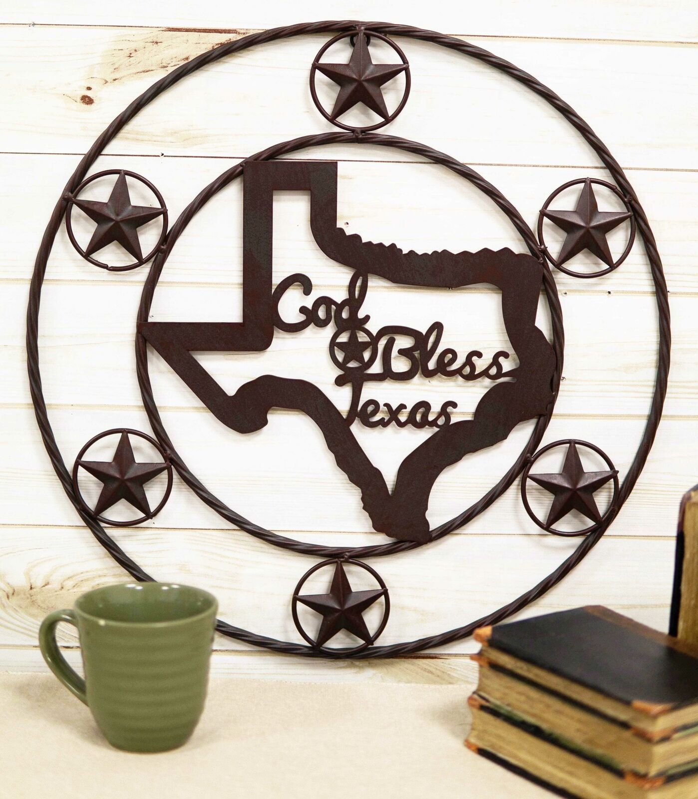 20D Vintage Rustic Western Star God Bless Texas Metal Circle Wall Hanging Decor