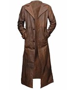 Mens Genuine Leather Brown Coat Classic Detective Long Length Trench Ove... - $169.00