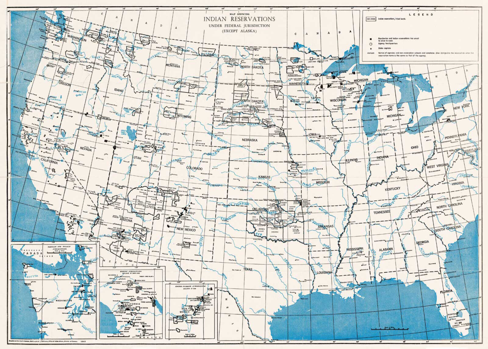 1940 Map Showing Indian Reservations Under Federal Jurisdiction Wall ...