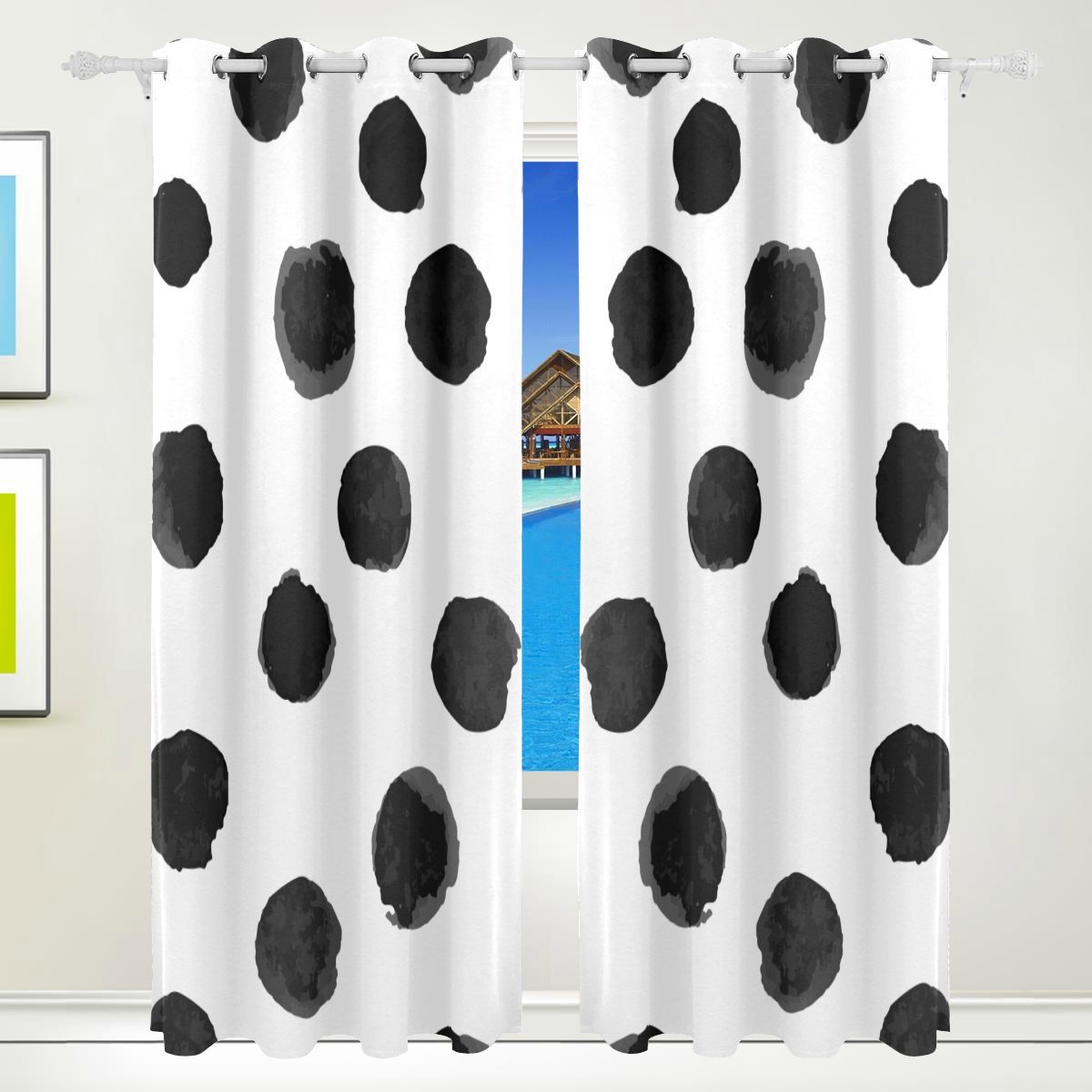 Semi Blackout Curtains White Black Polka Dot Print Girls Bedroom