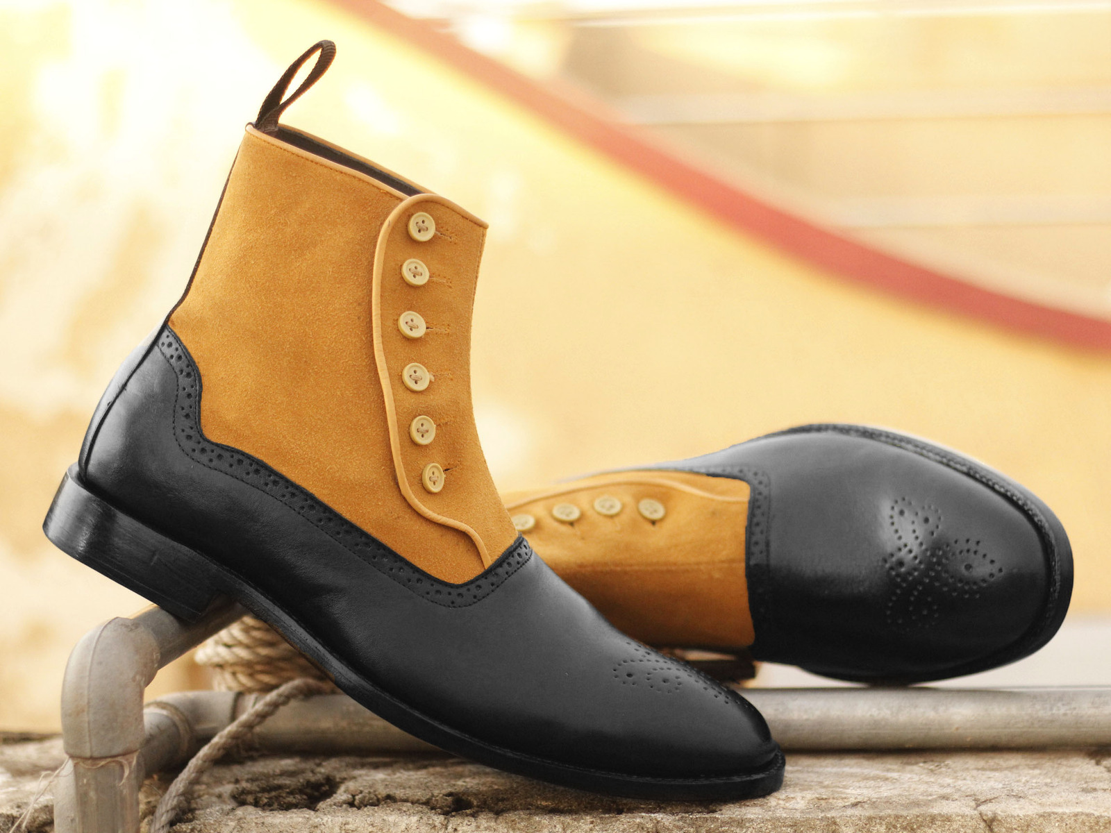 Handmade Men Tan Black Leather Suede Brogue Toe Button Boots, Men Designer Boots