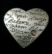 Pewter Heart Brooch/Pin/Pendant - Words And AB Rhinestone - Marcie USA Vintage  - $29.70