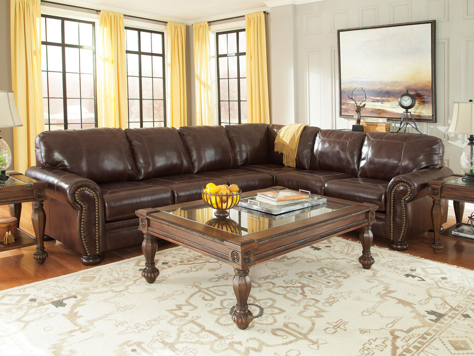 Old World Formal  Living  Room Brown Leather Large Sofa  
