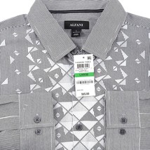 NEW Alfani Spread Collar Casual Shirt Black White Stripe Mens Large $65 - $24.61