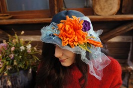 Ornate blue cloche hat, fairy fedora hat, floral european beret, vintage... - $137.00