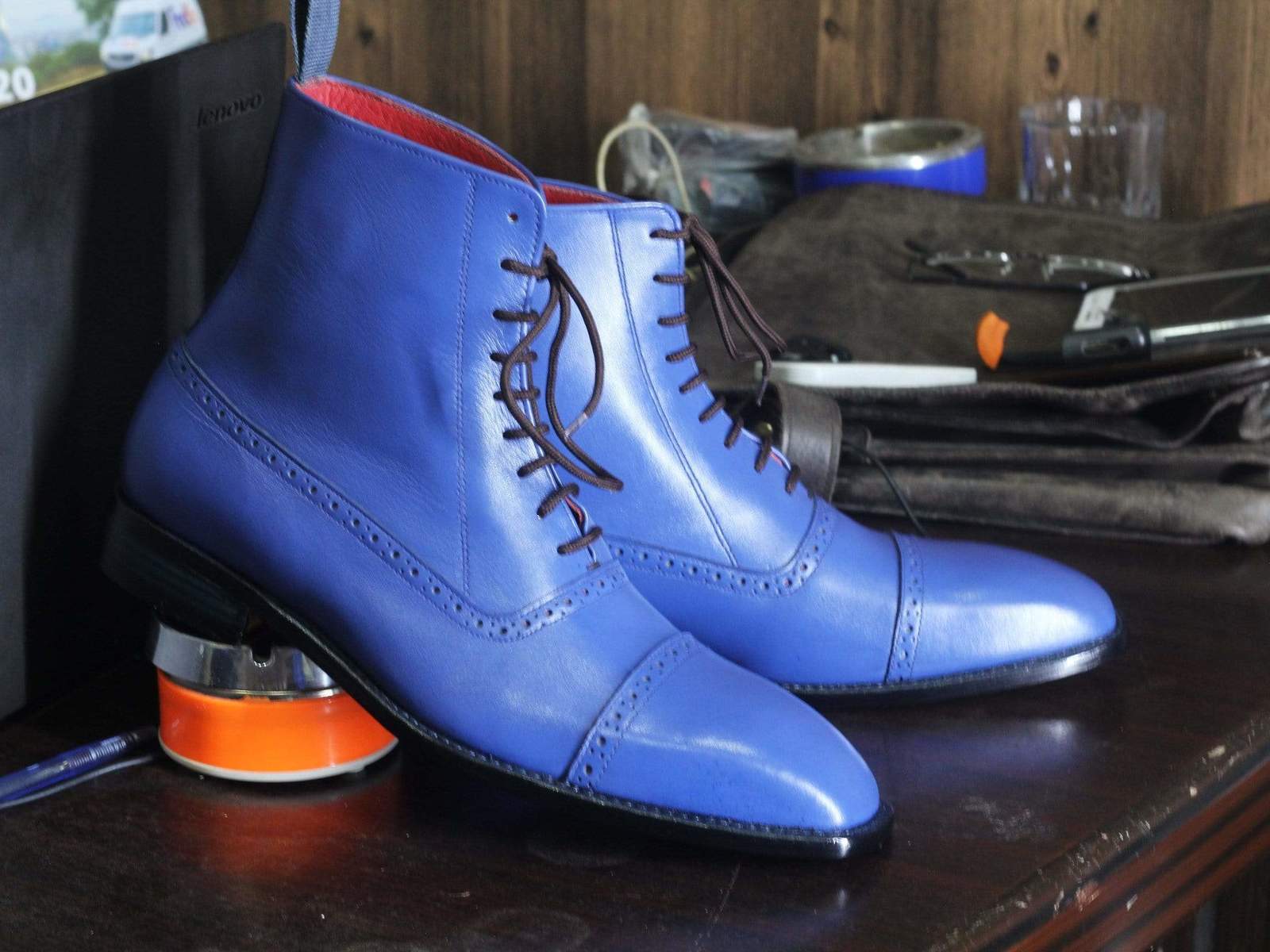 Bespoke Blue Leather Ankle Boots For Men's Boots