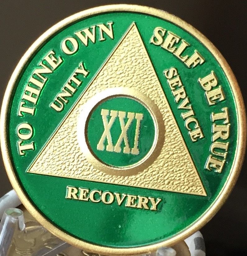 21 Year AA Medallion Green Gold Plated Alcoholics Anonymous Sobriety Chip Coin