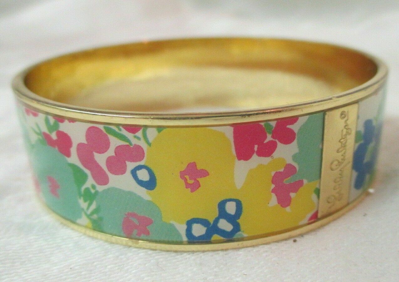 Primary image for LILLY PULITZER FLORAL PHOTODOME BANGLE BRACELET MULTI-COLOR FLOWER GOLD METALLIC