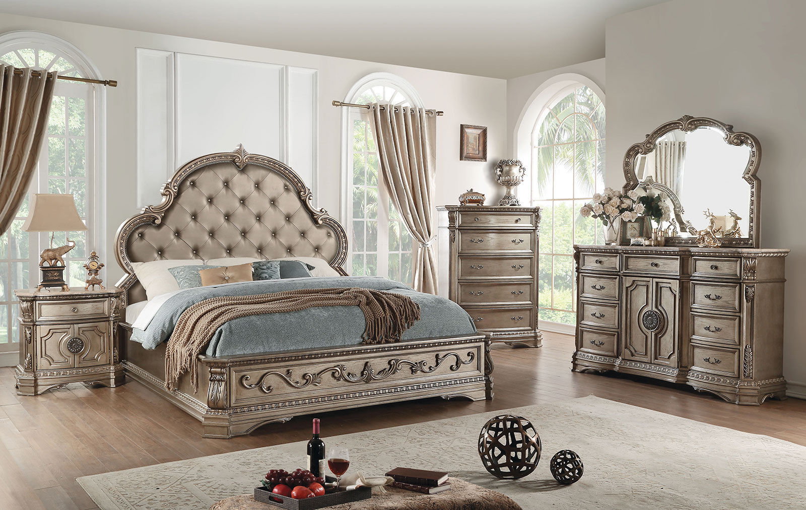 NEW Champagne Finish 5 pieces Marble Bedroom Set w/ Queen Faux Leather