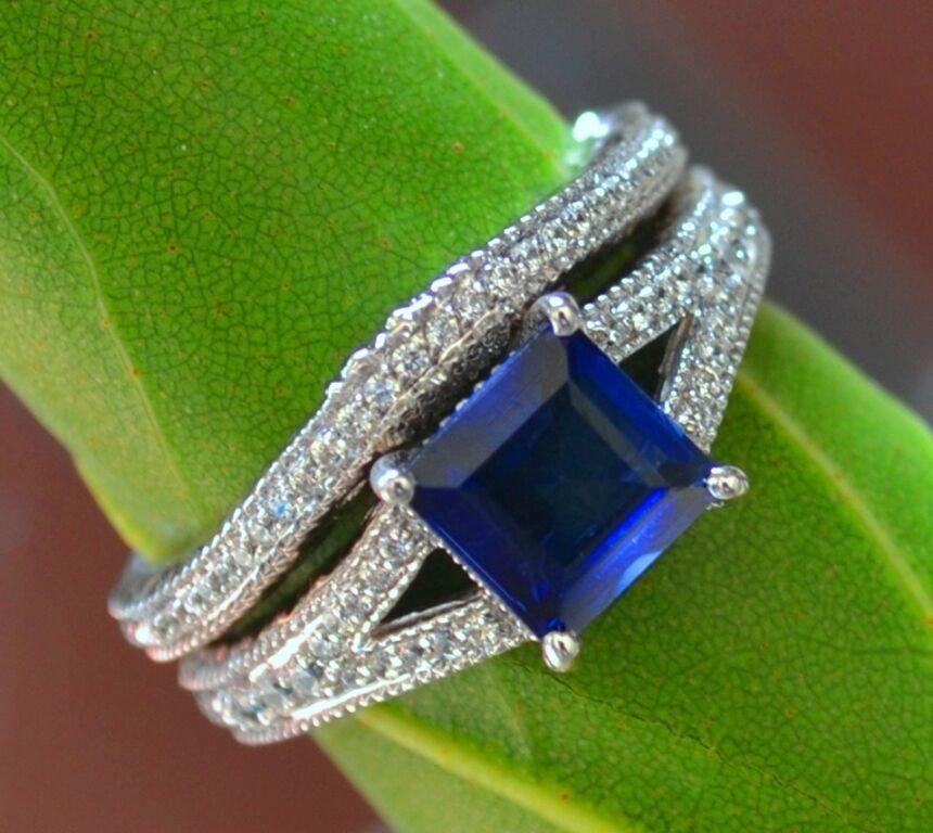 3.45Ct Princess Cut Blue Sapphire 925 Sterling Silver Engagement Bridal Ring Set