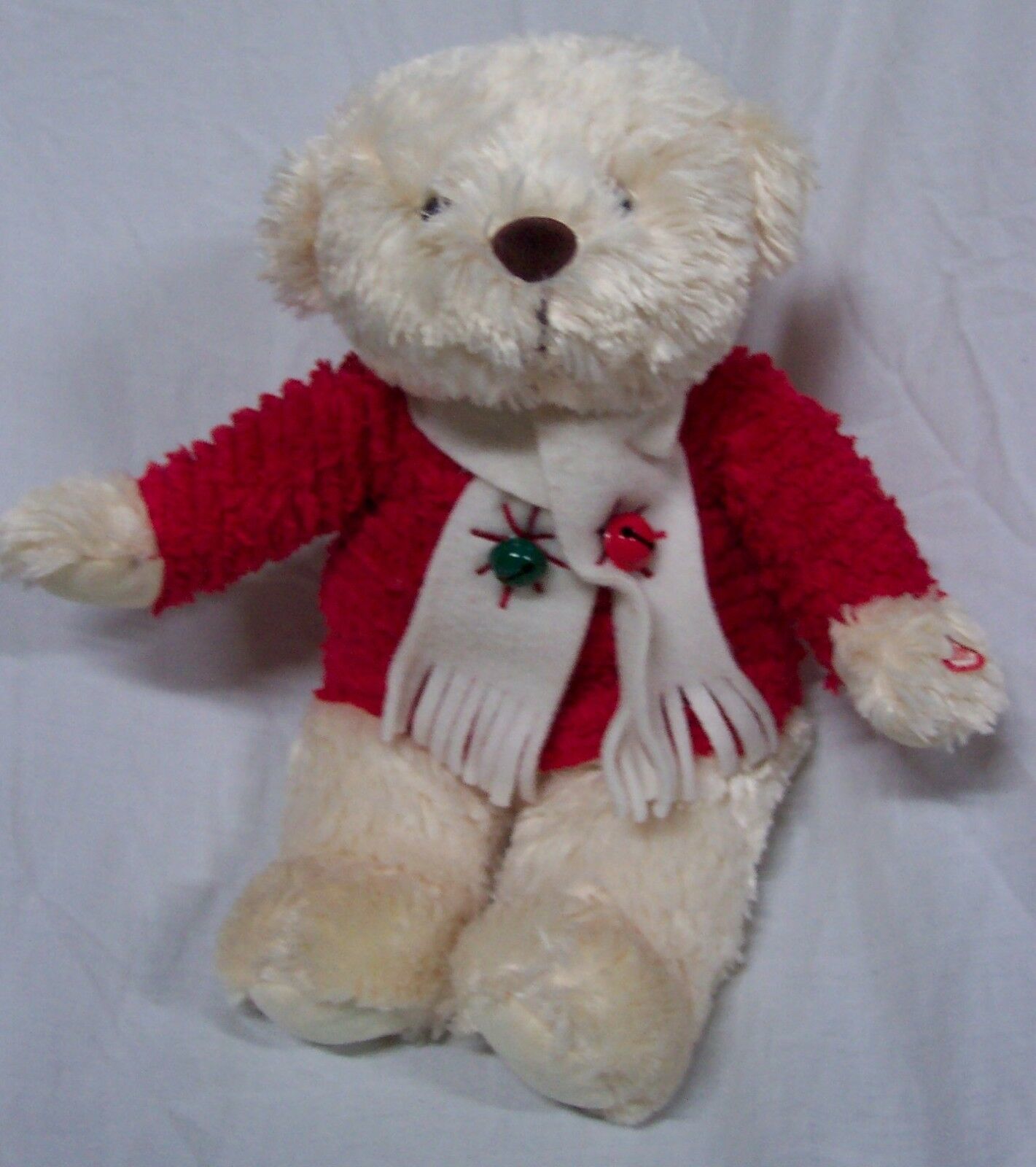 Hallmark MUSIC TEDDY BEAR W/ RED COAT & SCARF W/ BELLS 11