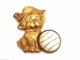 Vintage 1920s Brooch Brass Puppy Dog with Celluloid Ball - $24.37