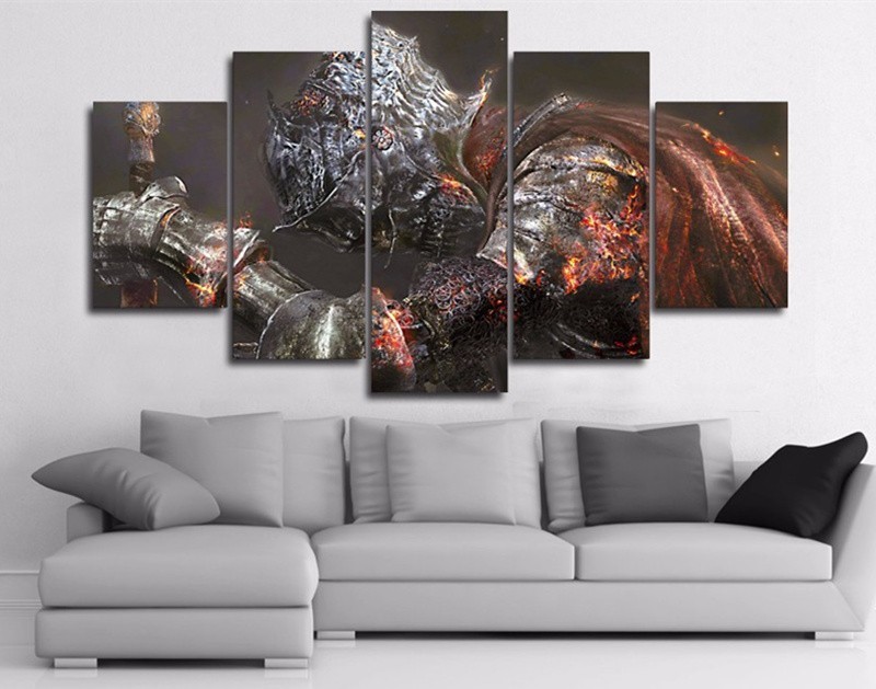 Framed 5 Panel Dark Souls Game Warrior Canvas Print Painting Wall Art