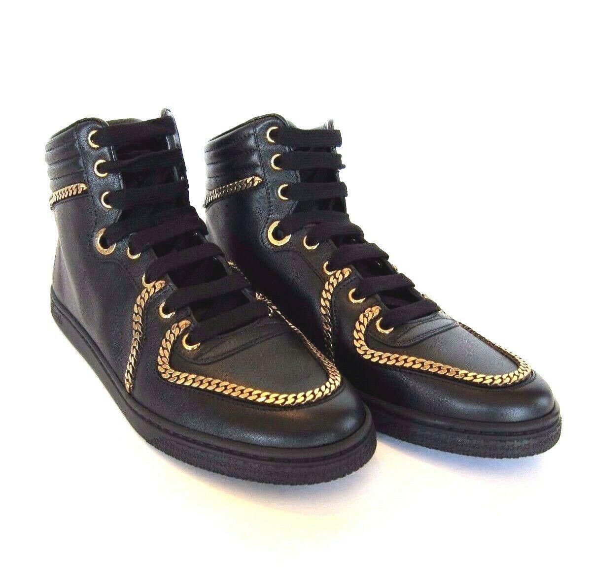 J-31277 New Gucci Black Leather Gold Chain Sneakers Shoe Marked Size 38 ...