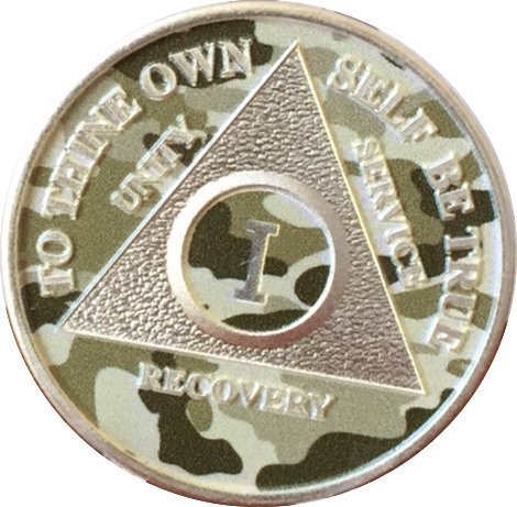 1 Year Camo Silver Plated AA Medallion Camouflage Alcoholics Anonymous Sobriety